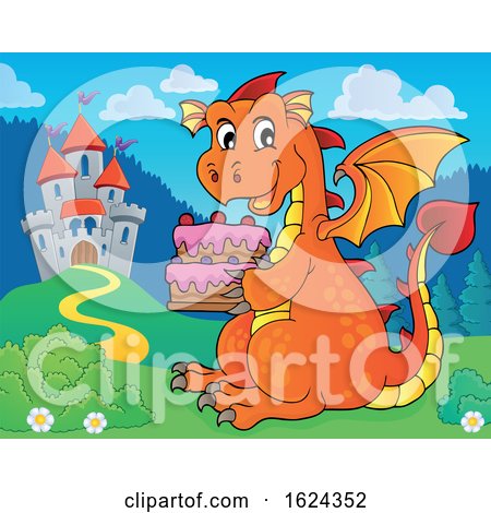 Dragon Holding a Cake near a Castle by visekart