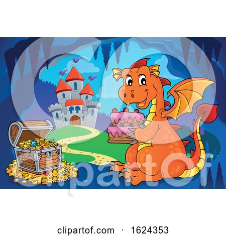 Dragon Holding a Cake in a Cave near a Castle by visekart