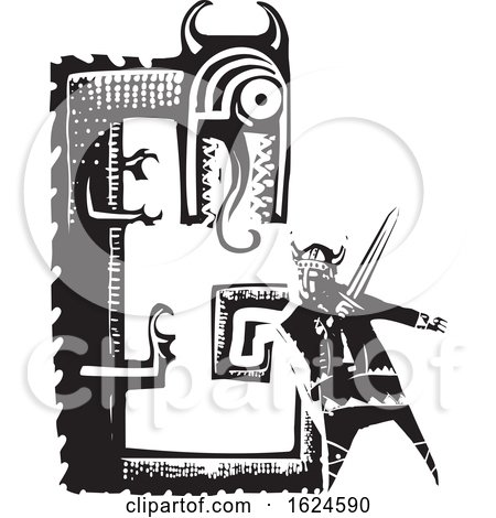 Woodcut Viking Battling a Dragon with a Sword by xunantunich