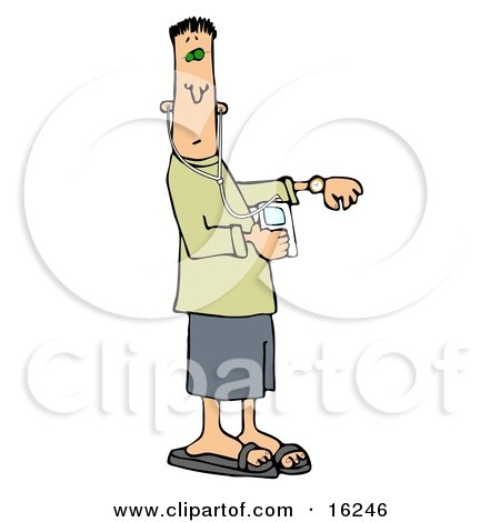 Rushed Young Caucasian Man In A Green Shirt, Blue Shorts And Sandals, Checking His Watch While Listening To Music On An Mp3 Player Clipart Illustration Graphic by djart