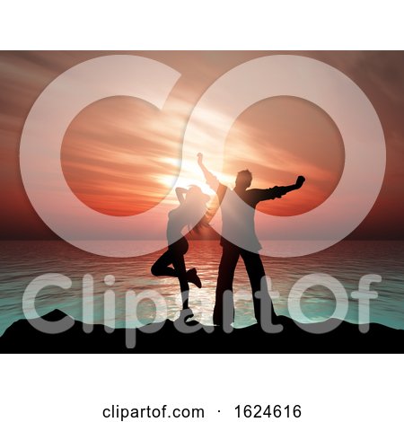 3D Sunset Ocean Landscape with Silhouette of a Couple by KJ Pargeter