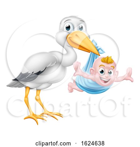 Stork Cartoon Pregnancy Myth Bird with New Baby by AtStockIllustration