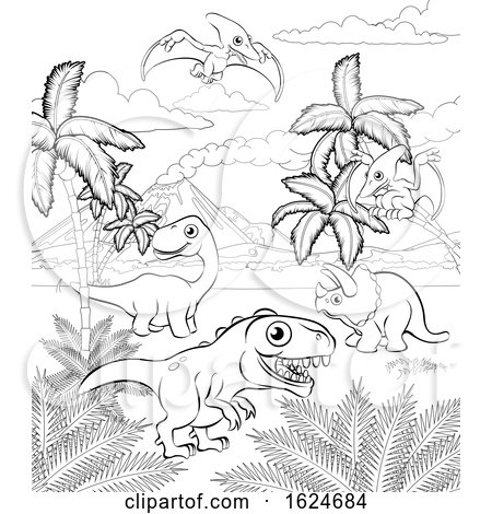 Dinosaur Cartoon Prehistoric Landscape Scene by AtStockIllustration
