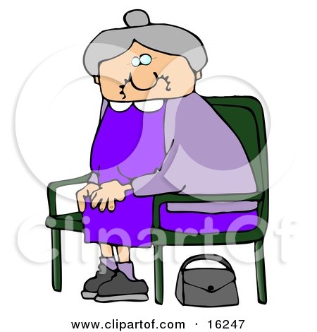 Old Lady With Gray Hair, Wearing A Purple Dress And Sitting In A Chair With Her Purse On The Ground Clipart Illustration Graphic by djart