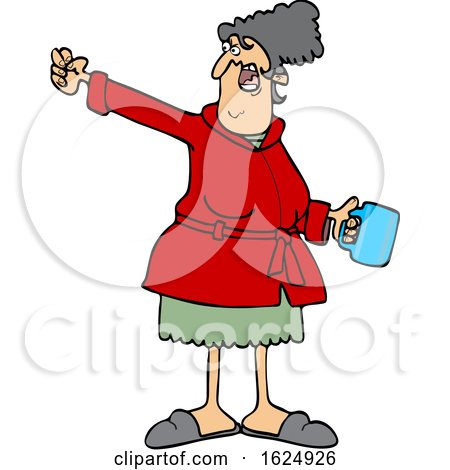 Cartoon Angry White Woman in a Robe Holding Coffee and Waving a Fist by djart