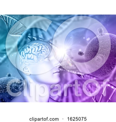 3D Medical Background with Male Head, Brain, DNA Strands and Virus Cells by KJ Pargeter