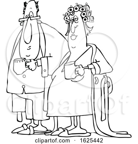 Cartoon Black and White Chubby Couple in Robes and PJs Holding Their Morning Coffee Mugs by djart