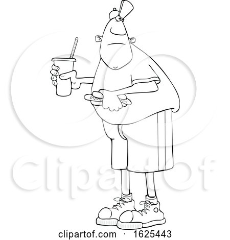 Cartoon Lineart Black Man Holding a Fountain Soda and Hot Dog by djart
