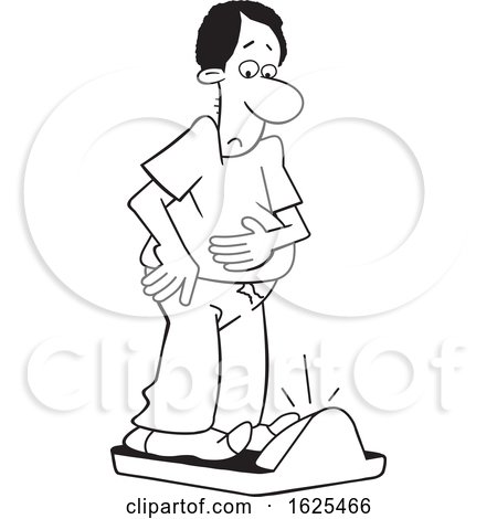 Cartoon Lineart Black Man Standing on a Scale and Realizing He Gained Weight by Johnny Sajem