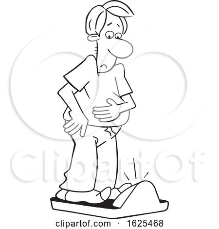 Cartoon Black and White Man Standing on a Scale and Realizing He Gained Weight by Johnny Sajem