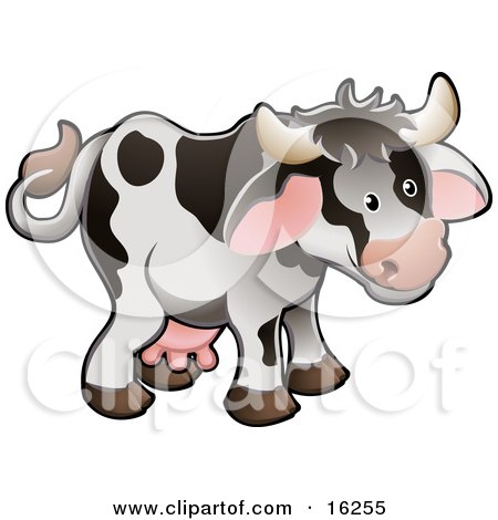 Adorable White Dairy Farm Cow With Black Spots And Pink Udders Clipart Illustration by AtStockIllustration