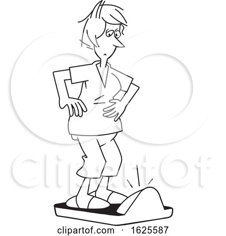 Cartoon Lineart Woman Standing on a Scale and Realizing She Gained Weight by Johnny Sajem