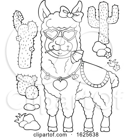 Black and White LLama Wearing Heart Sunglasses and Cactus Plants by visekart
