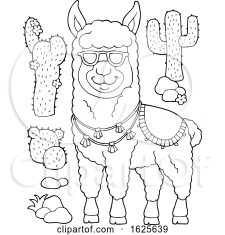 Black and White LLama Wearing Sunglasses and Cactus Plants by visekart