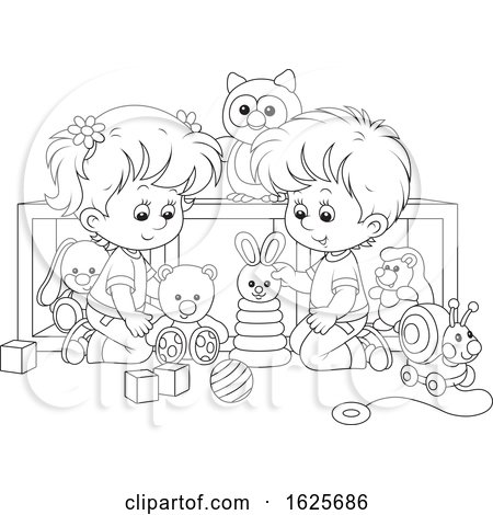 Black and White Boy and Girl Playing with Toys by Alex Bannykh