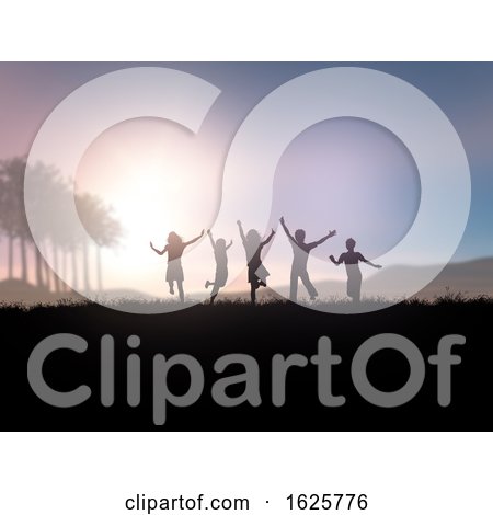 3D Silhouette of Children Playing in a Sunset Landscape by KJ Pargeter