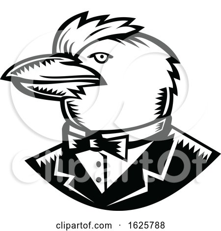 Kookaburra Wearing Tuxedo Woodcut Black and White by patrimonio