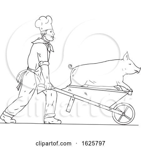 Chef with Wheelbarrow and Pig Drawing Black and White by patrimonio