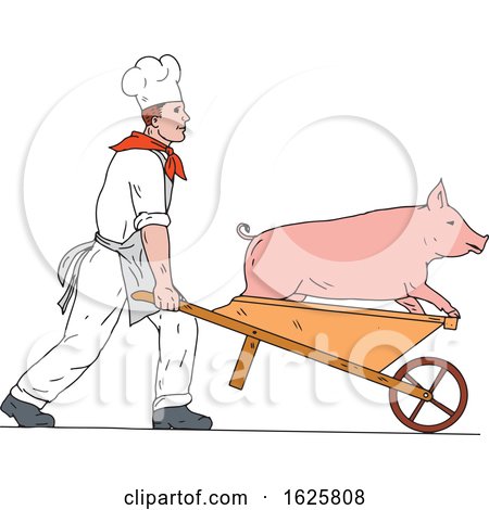 Chef Pushing Wheelbarrow and Pig Color Drawing by patrimonio