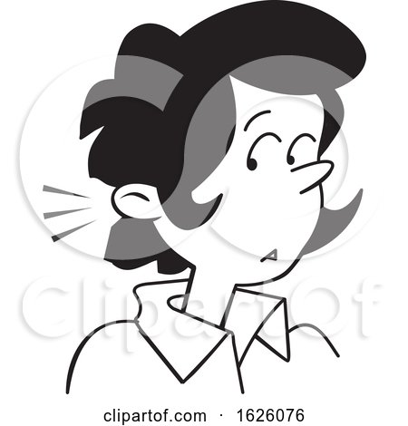 Cartoon Black and White Amused Woman Listening by Johnny Sajem