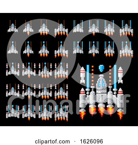 Space Ship Pixel Art Video Arcade Game Cartoon by AtStockIllustration