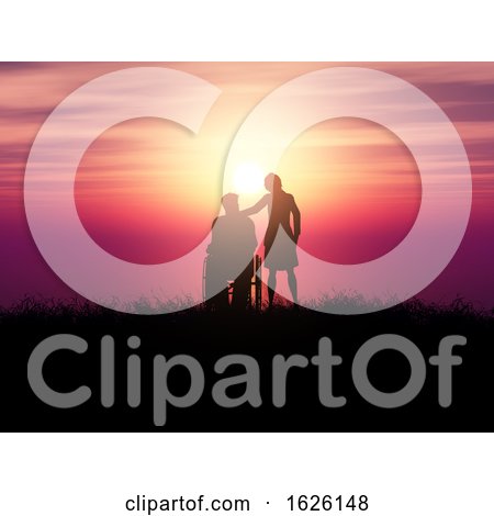 3D Silhouette of a Man in a Wheelchair with a Woman Against a Sunset Landscape by KJ Pargeter