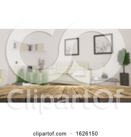 3D Wooden Table Looking out to a Defocussed Modern Living Room by KJ Pargeter