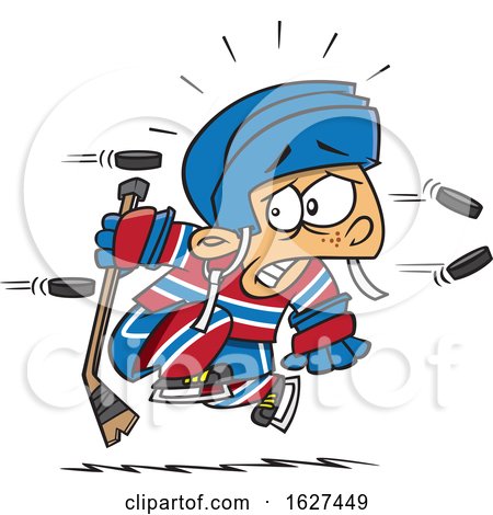 Cartoon White Boy Being Attacked with Hockey Pucks by toonaday