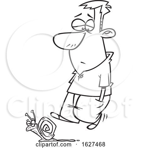 Cartoon Black and White Depressed Man Walking As Slow As a Snail by toonaday