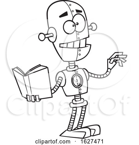 Cartoon Black and White Teacher Robot Holding a Book and Chalk by toonaday  #1627471