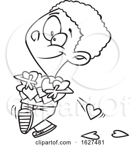 Cartoon Black and White Black Boy Holding an Armful of Valentines Day Love Hearts by toonaday
