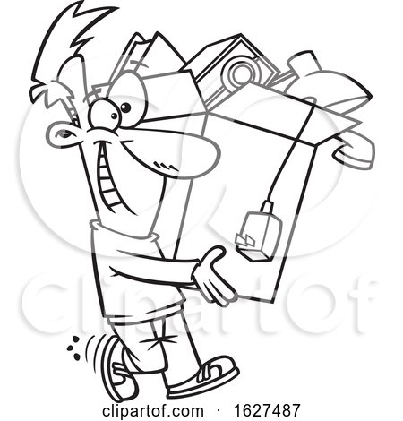 Cartoon Black and White Happy Man Carrying a Box of Stuff to Get Rid of by toonaday