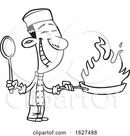 Cartoon Black and White Happy Asian Chef Holding a Flaming Wok by toonaday