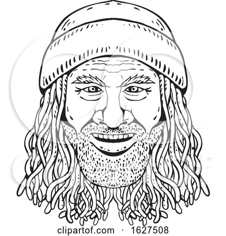 Rastafarian Dude Head Front Drawing Black and White by patrimonio