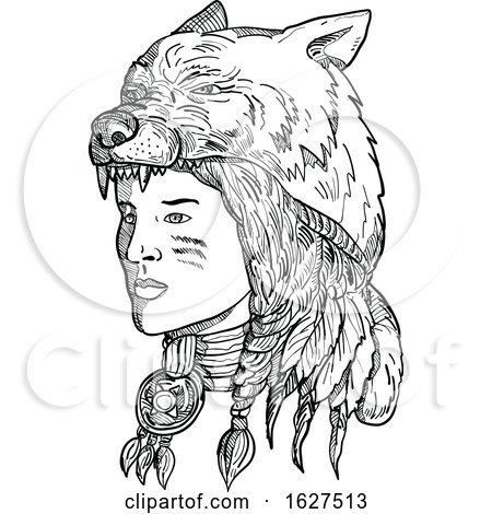 Native American Woman Wearing Wolf Head by patrimonio