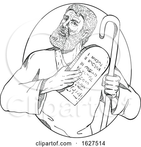 Moses with Ten Commandments Drawing Black and White by patrimonio