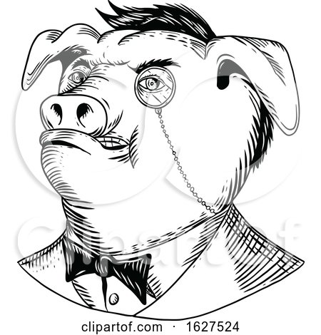 Aristocratic Pig Monocle Black and White Drawing by patrimonio