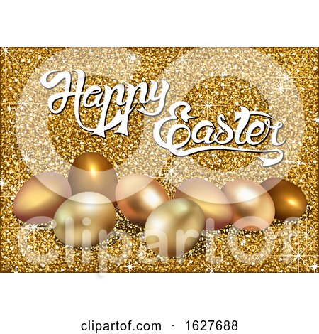 Happy Easter Greeting with Gold Glitter and Eggs by dero