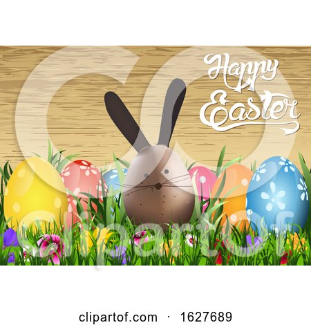 Happy Easter Greeting with Eggs and a Bunny over Wood by dero