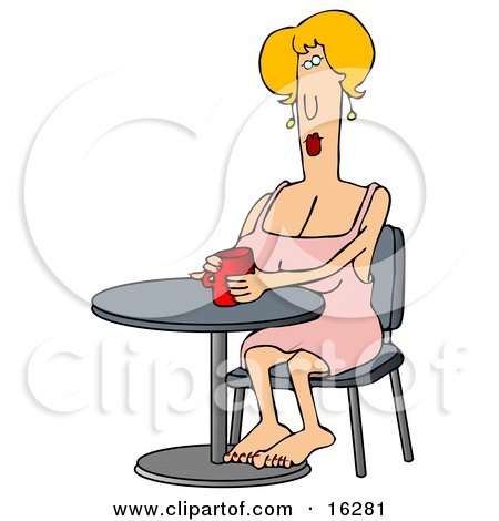 Clipart Illustration Image of a Blond Caucasian Woman In A Pink Dress, Sitting Barefoot At A Table And Cupping Her Hands Around A Warm Red Mug Of Coffee by djart