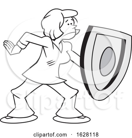 Cartoon Grayscale Woman on Guard and Protecting with a Shield by Johnny Sajem