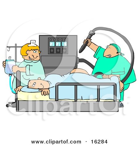 Clipart Illustration Image of a Nervous Male Patient Lying On His Stomach With His Butt Up In The Air, Clutching The Side Of A Matress Of A Hospital Bed While A Proctologist Doctor Prepares To Insert A Machine Into The Anus For A Colonoscopy And A Nurse H by djart