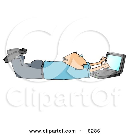 Clipart Illustration Image of a Balding Caucasian Businessman In A Blue Shirt And Slacks, Lying On His Stomach While Typing On A Laptop Computer That Is Set On Wireless Internet by djart