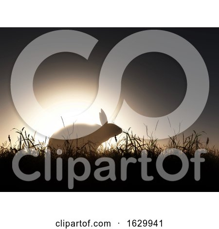 3D Easter Background with Rabbit Against Sunset Sky by KJ Pargeter