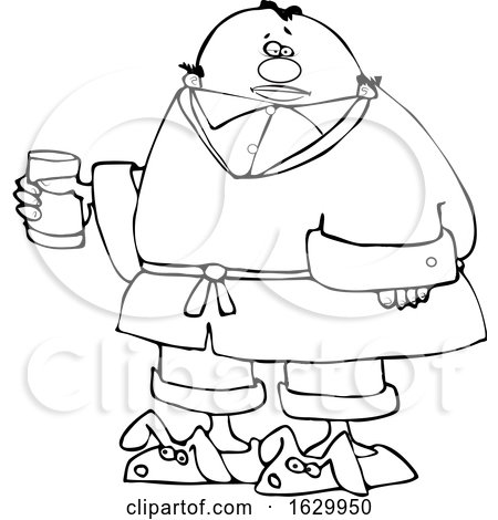 Cartoon Black and White Sick Man Wearing Bunny Slippers and Holding a Glass by djart