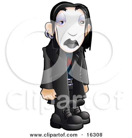 Sad Trendy Teenage Gothic Boy With Black Hair, Earrings, White Face Makeup And Black Lipstick, Wearing Black Leather Clothes Clipart Illustration Graphic by AtStockIllustration