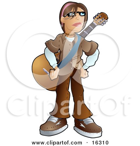 Teenage Caucasian Emo Boy Wearing A Brown Clothes And Standing With A Guitar Strapped Around His Chest Clipart Illustration Image by AtStockIllustration