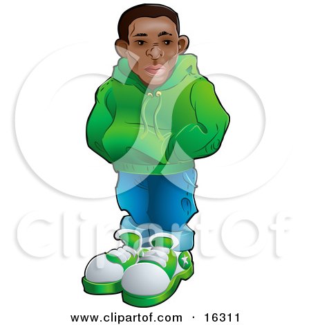 Cool African American Teenage Boy In A Green Hoodie Sweater, Blue Jeans And Green And White Sneakers, Standing With His Hands In The Pocket Of His Sweater Clipart Illustration Graphic by AtStockIllustration