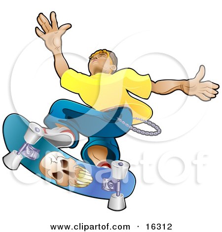 Teenage Caucasian Skater Boy Catching Air On A Blue Skateboard With A Skull On The Bottom Clipart Illustration Image by AtStockIllustration