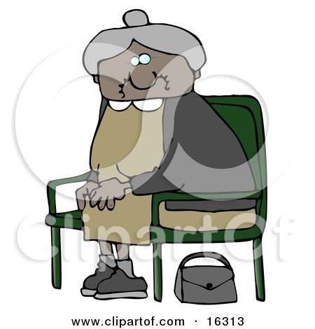Old African American Lady With Gray Hair, Wearing A Green Dress And Sitting In A Chair With Her Purse On The Ground Clipart Illustration Graphic by djart